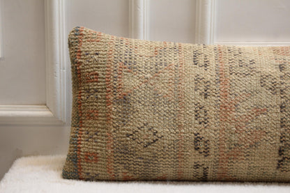 Handwoven Turkish Kilim Lumbar Pillow | 30x120" Beige, Peach & Taupe