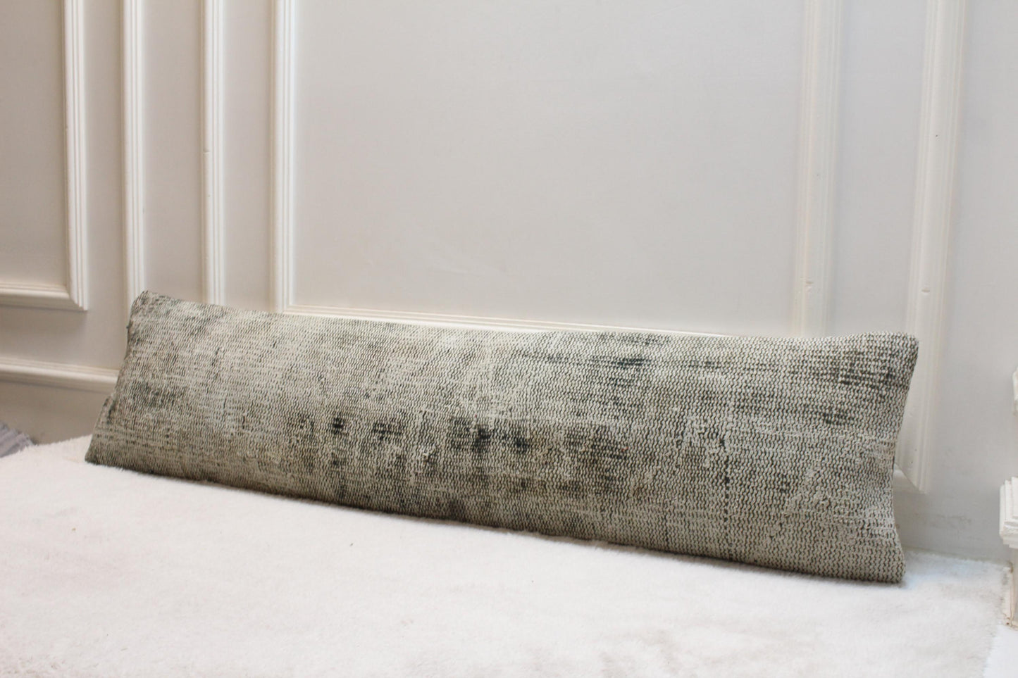 Light Gray Turkish Kilim Pillow | Long Lumbar Cushion, Vintage Rug