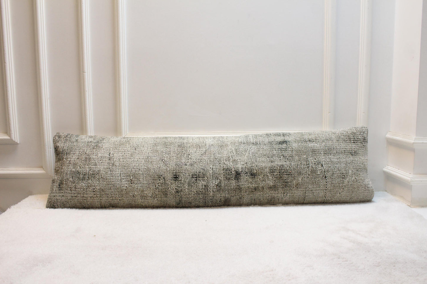 Light Gray Turkish Kilim Pillow | Long Lumbar Cushion, Vintage Rug