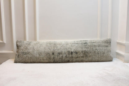 Light Gray Turkish Kilim Pillow | Long Lumbar Cushion, Vintage Rug