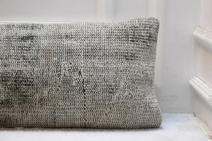 Light Gray Turkish Kilim Pillow | Long Lumbar Cushion, Vintage Rug