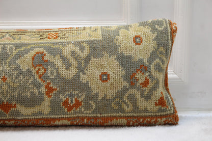 Handwoven Turkish Kilim Pillow: Earthy Floral Wool Cushion (12x48 inch)