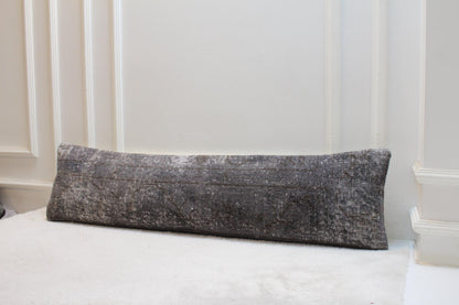 Faded Grey Wool Kilim Pillow, Handwoven Turkish Lumbar Cushion (30x120 inches)