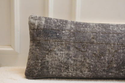 Faded Grey Wool Kilim Pillow, Handwoven Turkish Lumbar Cushion (30x120 inches)
