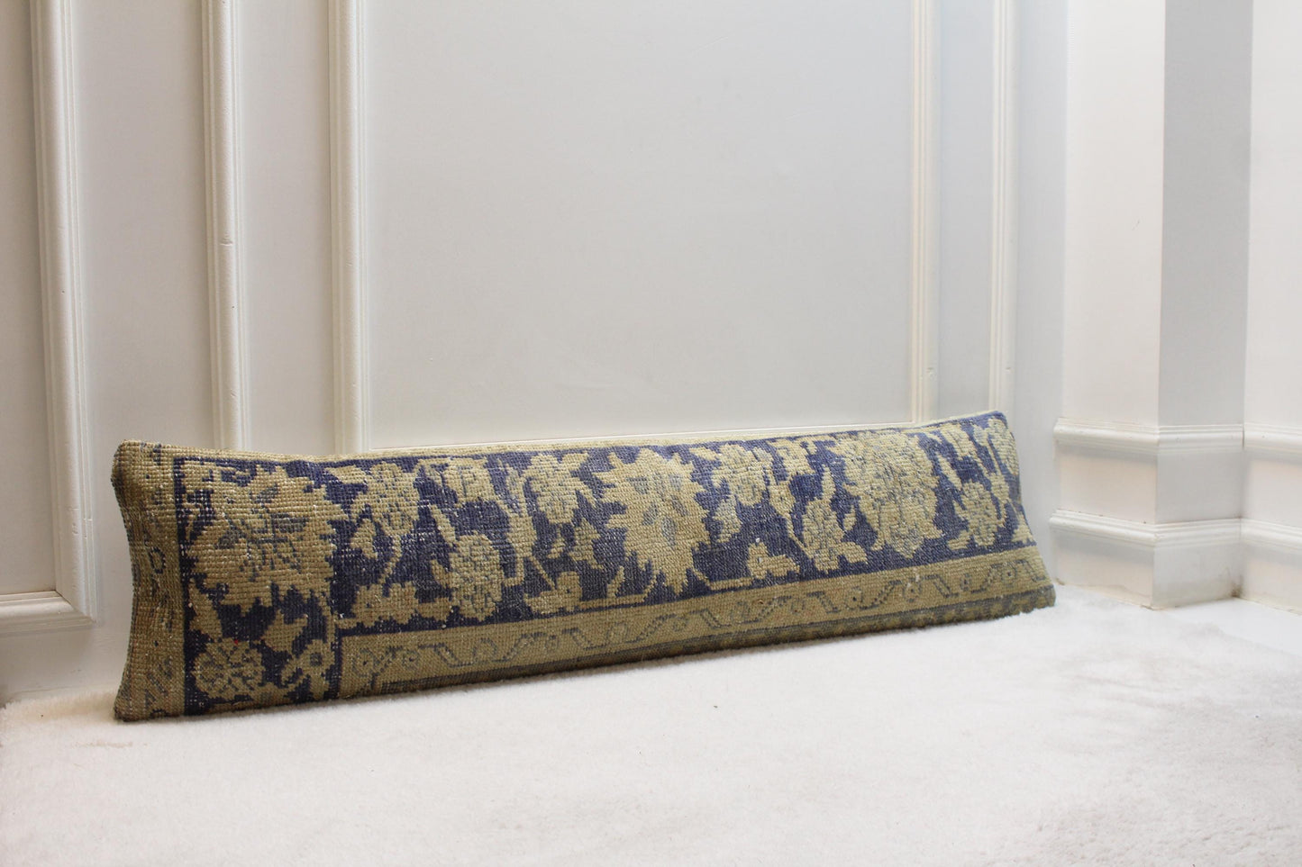 Vintage Floral Kilim Pillow – 30x120” Turkish Rug, Muted Blue Cream