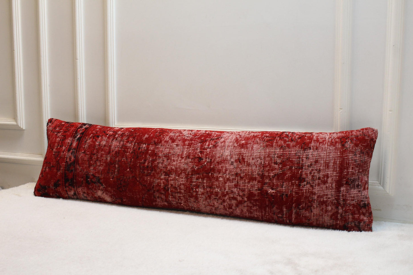 Red Turkish Kilim Pillow – 30x120" Vintage Lumbar Cushion, Draft Stopper