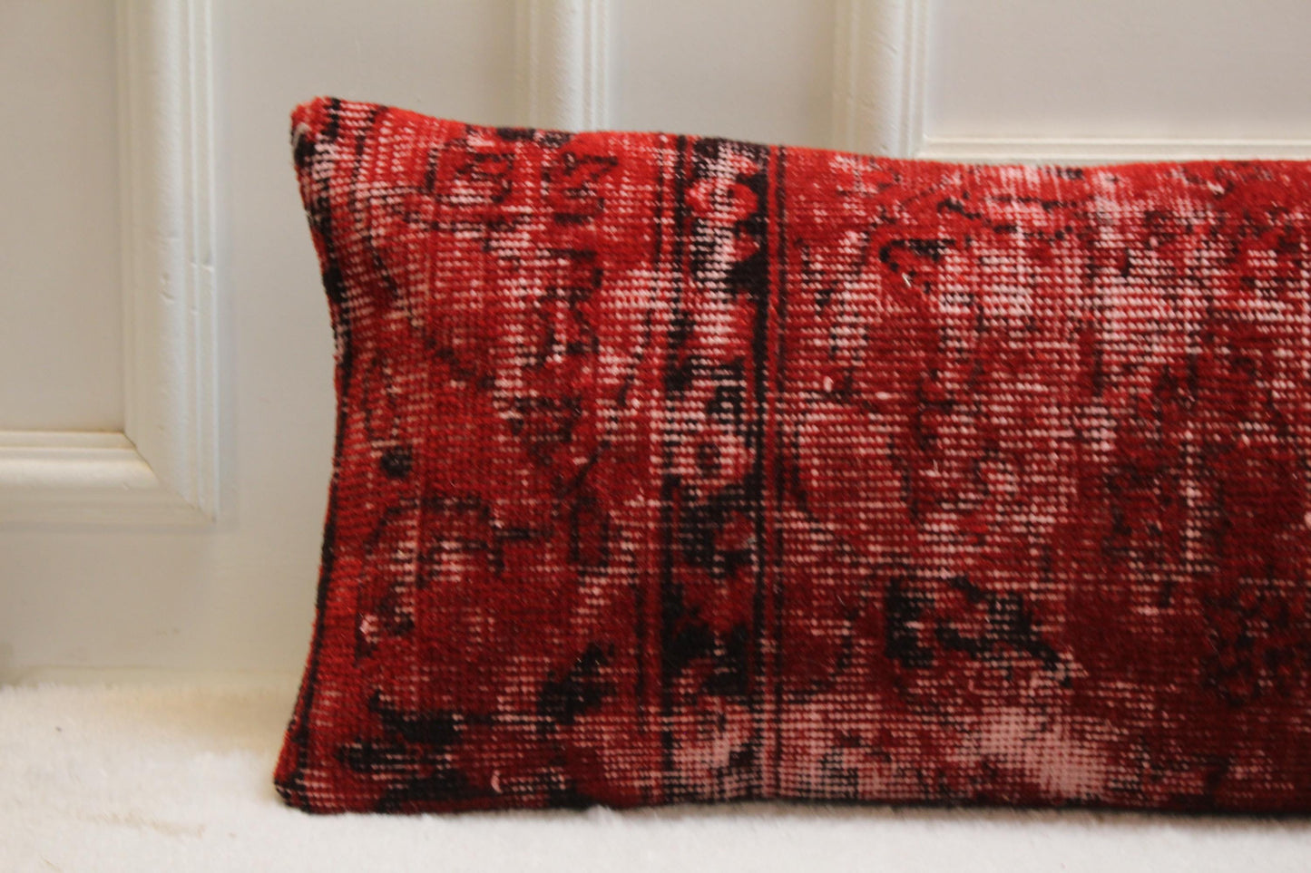Red Turkish Kilim Pillow – 30x120" Vintage Lumbar Cushion, Draft Stopper