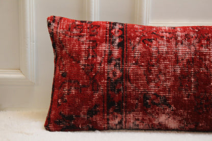 Red Turkish Kilim Pillow – 30x120" Vintage Lumbar Cushion, Draft Stopper