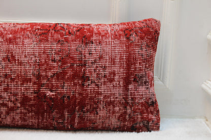 Red Turkish Kilim Pillow – 30x120" Vintage Lumbar Cushion, Draft Stopper