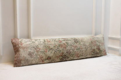 Handmade Turkish Kilim Pillow – Pastel Floral Lumbar Cushion, 30x120”