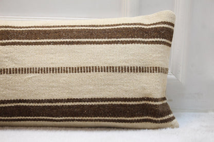 Handwoven Turkish Kilim Pillow – 30x120” Beige Brown Striped Cushion