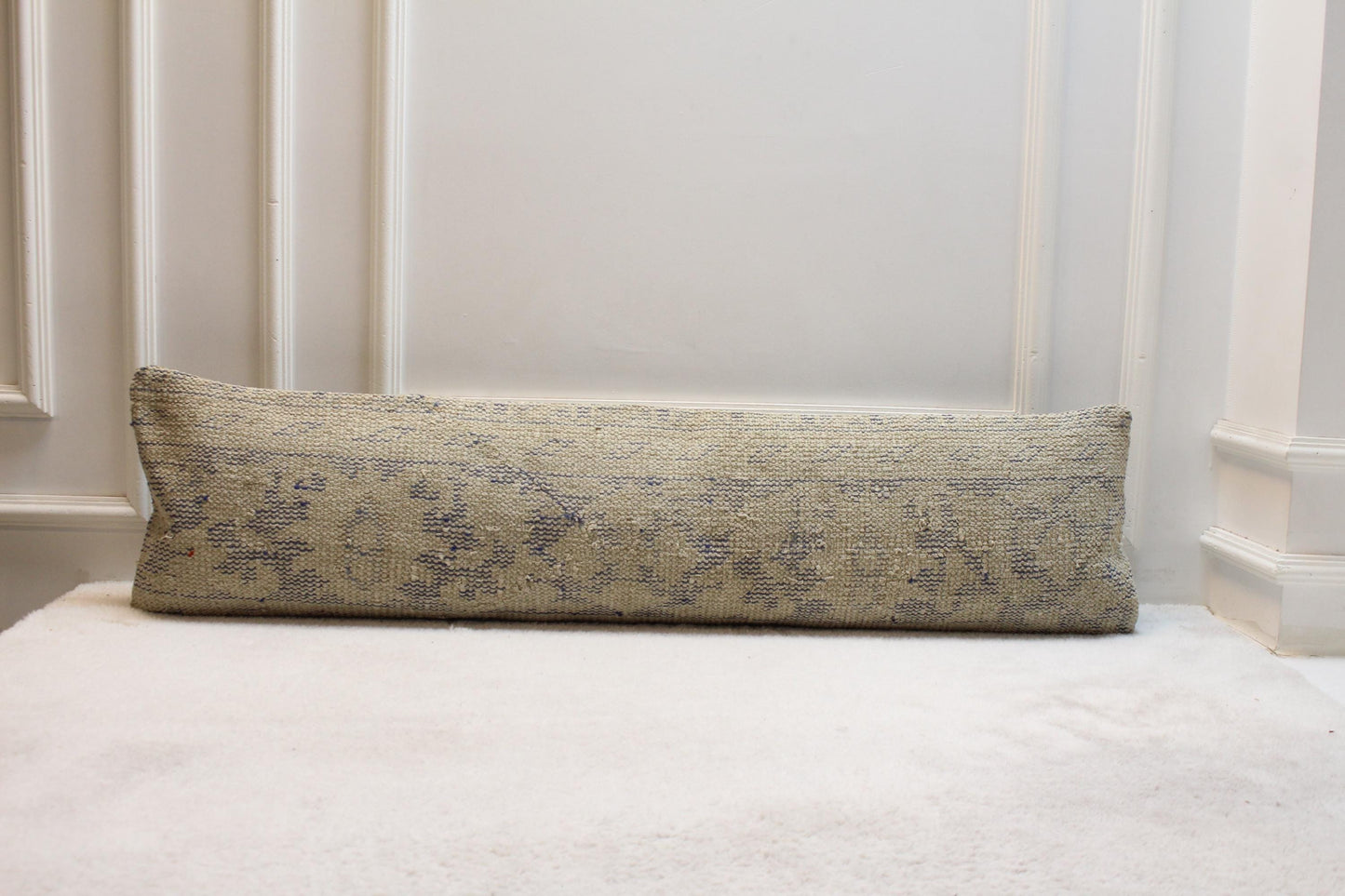 Handmade Turkish Kilim Draft Stopper – Beige & Gray Lumbar Pillow, 30x120"