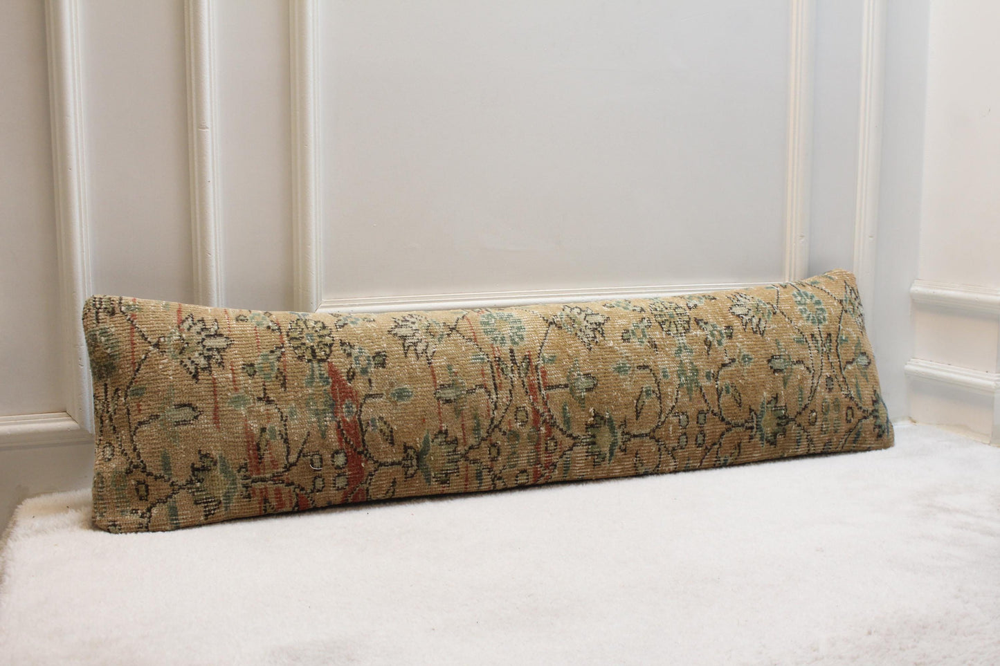 Handmade Turkish Kilim Bench Pillow – Long Floral Cushion, Farmhouse Rustic Decor 30x120”