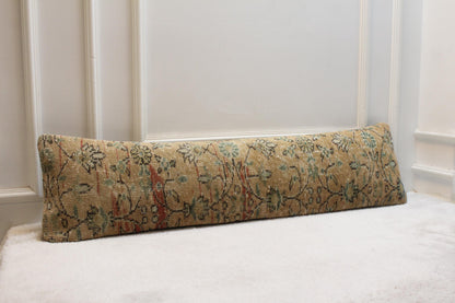 Handmade Turkish Kilim Bench Pillow – Long Floral Cushion, Farmhouse Rustic Decor 30x120”