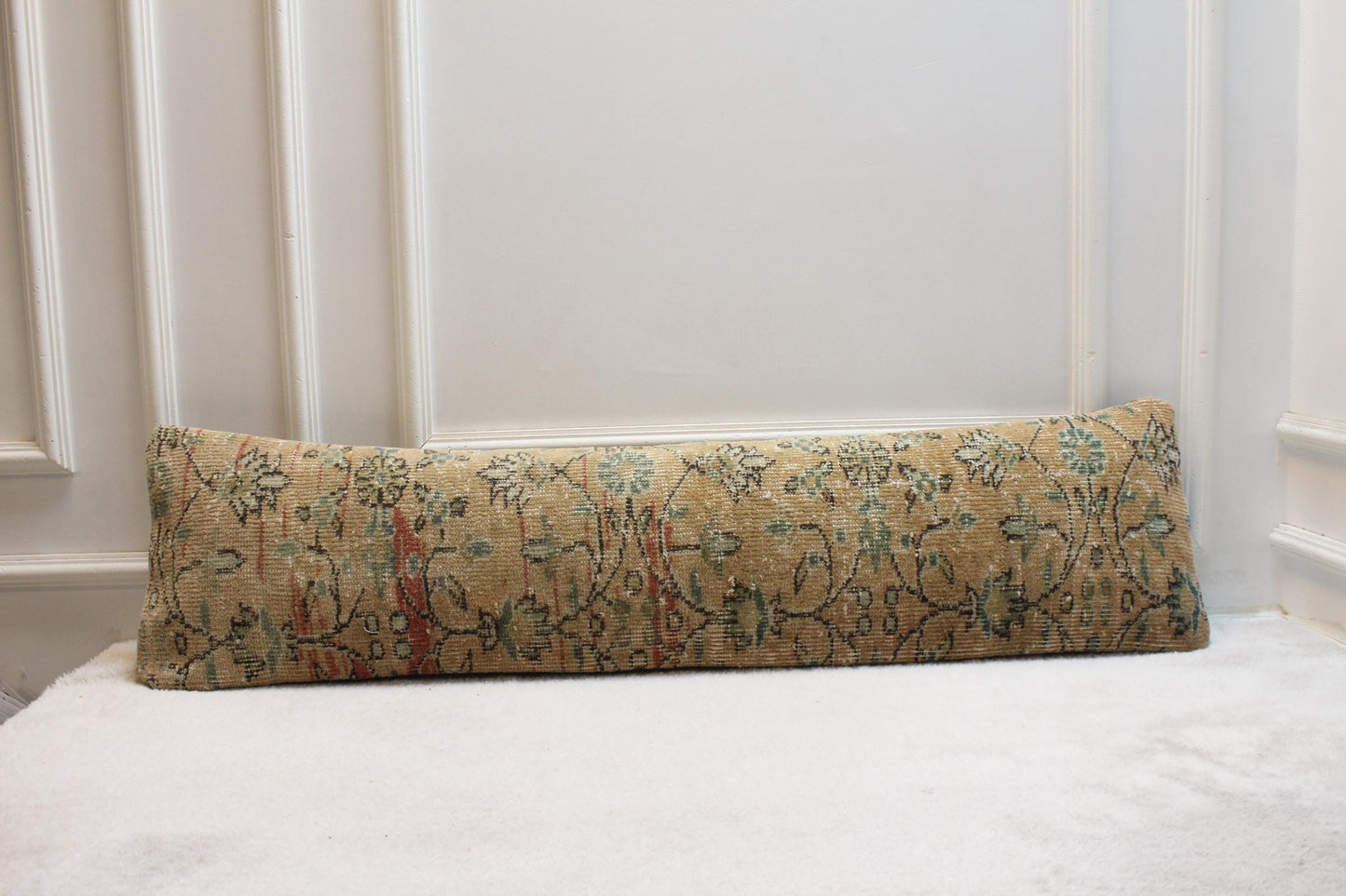 Handmade Turkish Kilim Bench Pillow – Long Floral Cushion, Farmhouse Rustic Decor 30x120”