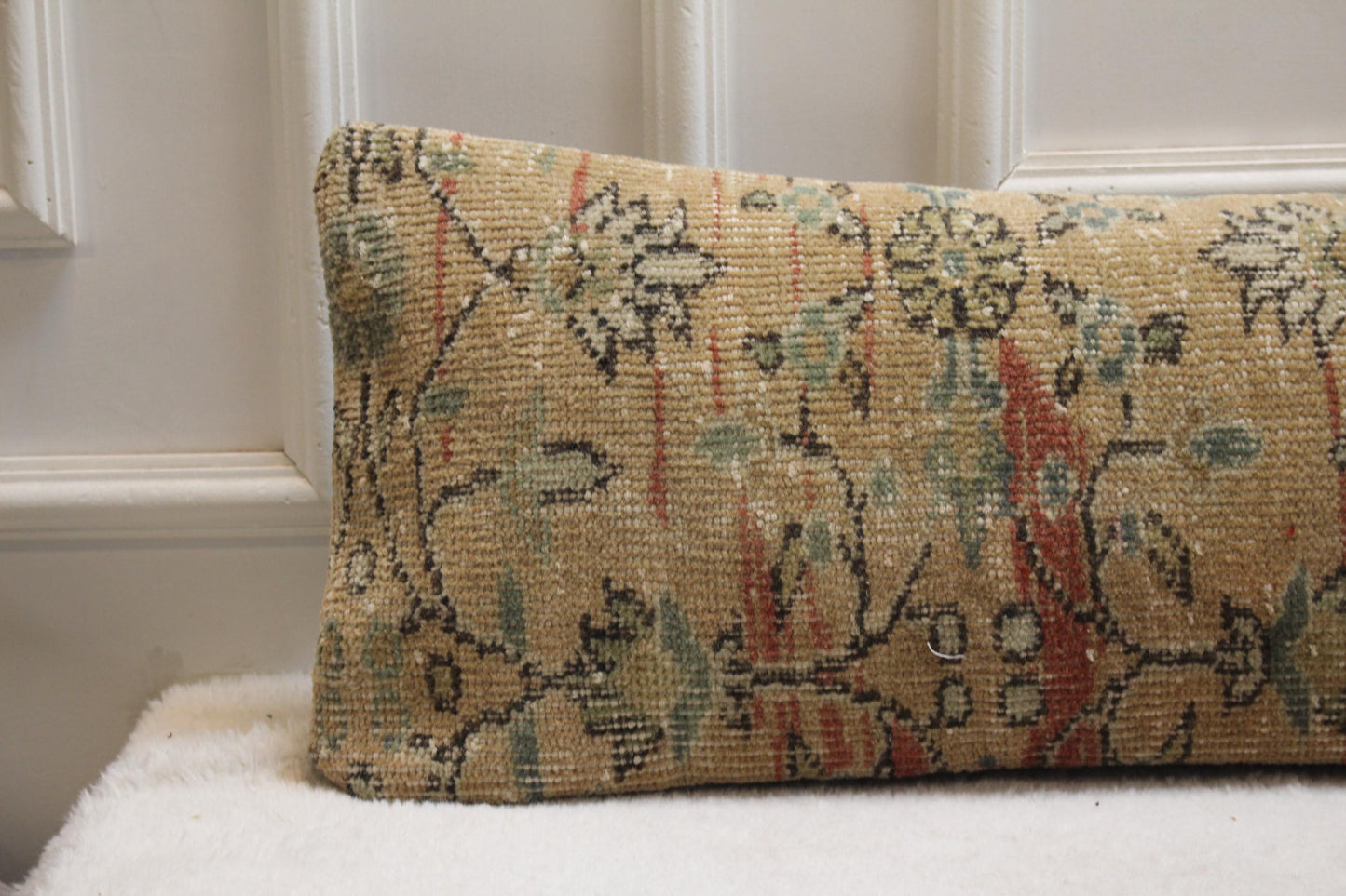 Handmade Turkish Kilim Bench Pillow – Long Floral Cushion, Farmhouse Rustic Decor 30x120”