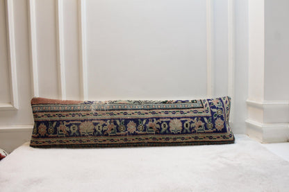 Handwoven Kilim Pillow – Turkish Floral Long Cushion, Navy Olive Peach