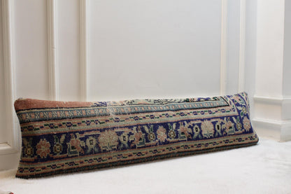 Handwoven Kilim Pillow – Turkish Floral Long Cushion, Navy Olive Peach