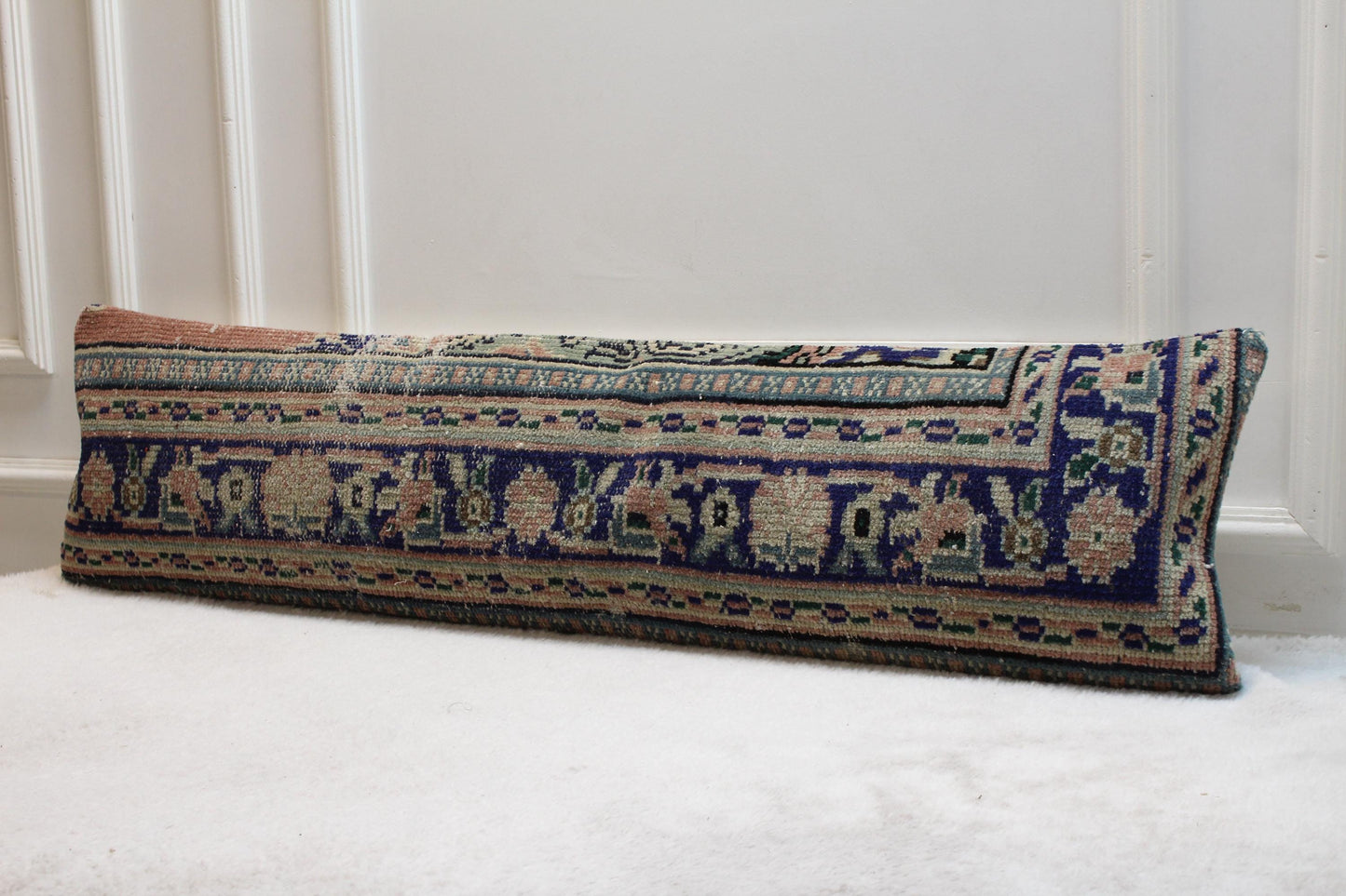 Handwoven Kilim Pillow – Turkish Floral Long Cushion, Navy Olive Peach