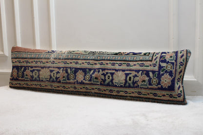 Handwoven Kilim Pillow – Turkish Floral Long Cushion, Navy Olive Peach