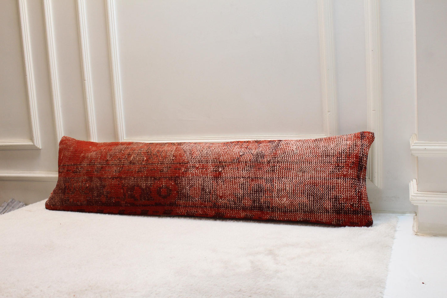 Handmade Turkish Kilim Lumbar Pillow – Burnt Red Tribal Cushion (30x120”)