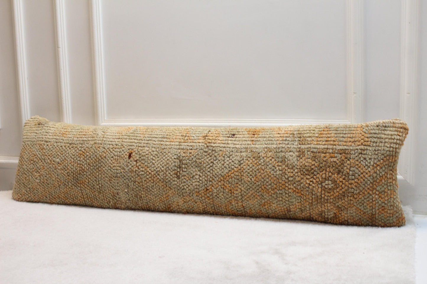 Handmade Turkish Kilim Lumbar Pillow Cover – Beige and Mustard, 12x48 inch