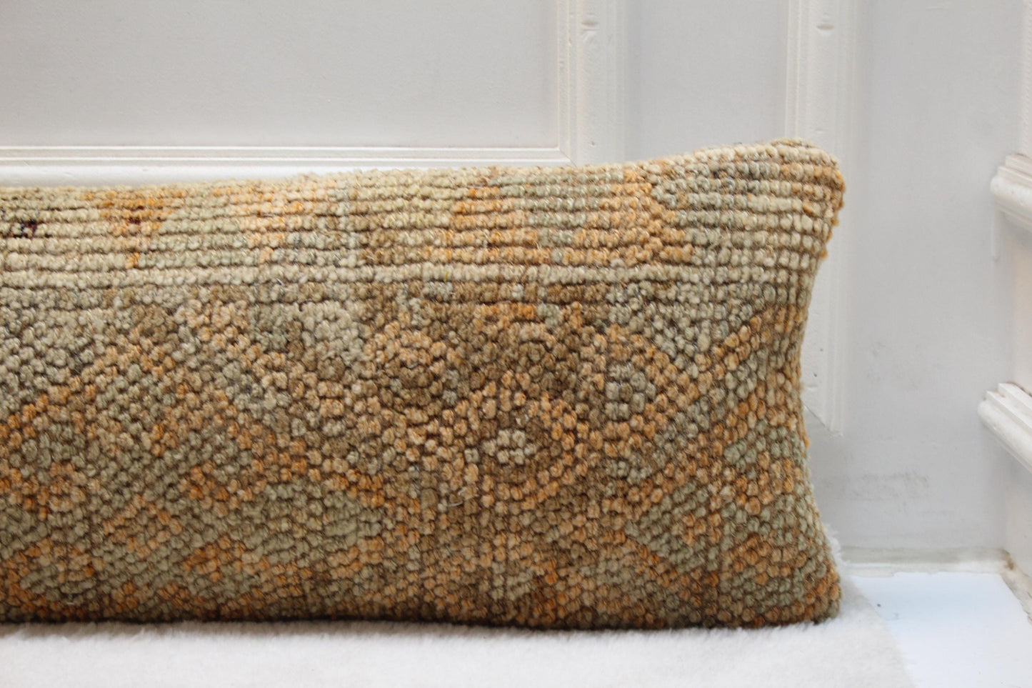 Handmade Turkish Kilim Lumbar Pillow Cover – Beige and Mustard, 12x48 inch
