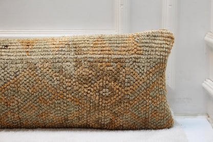 Handmade Turkish Kilim Lumbar Pillow Cover – Beige and Mustard, 12x48 inch