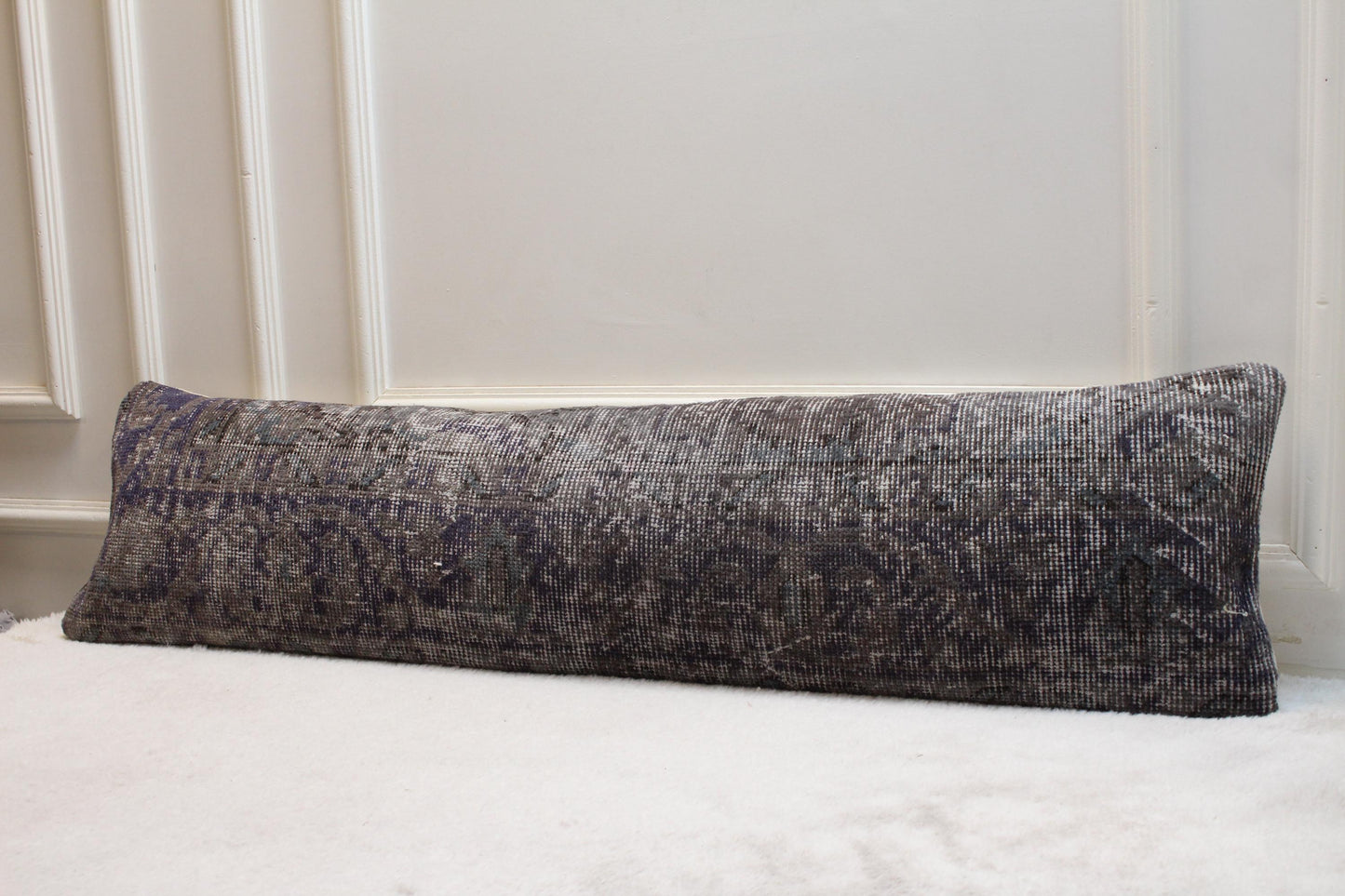 Vintage Turkish Kilim Lumbar Pillow Cover, 12x48 inch, Deep Gray Rug Cushion
