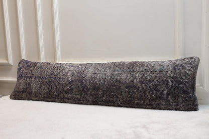 Vintage Turkish Kilim Lumbar Pillow Cover, 12x48 inch, Deep Gray Rug Cushion