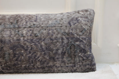 Vintage Turkish Kilim Lumbar Pillow Cover, 12x48 inch, Deep Gray Rug Cushion