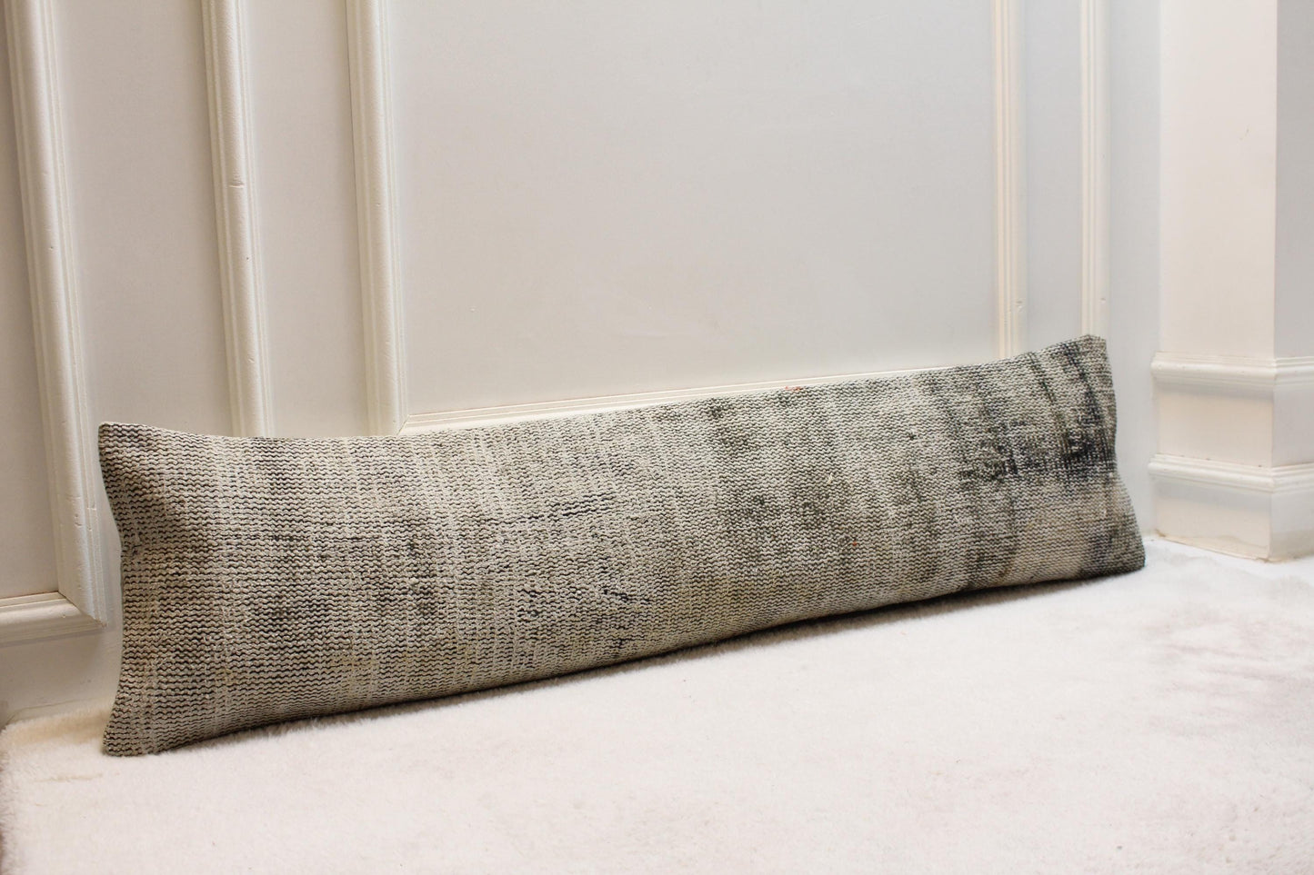 Handmade Gray Kilim Lumbar Pillow Cover, Turkish Rug Cushion 12x48