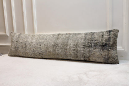 Handmade Gray Kilim Lumbar Pillow Cover, Turkish Rug Cushion 12x48