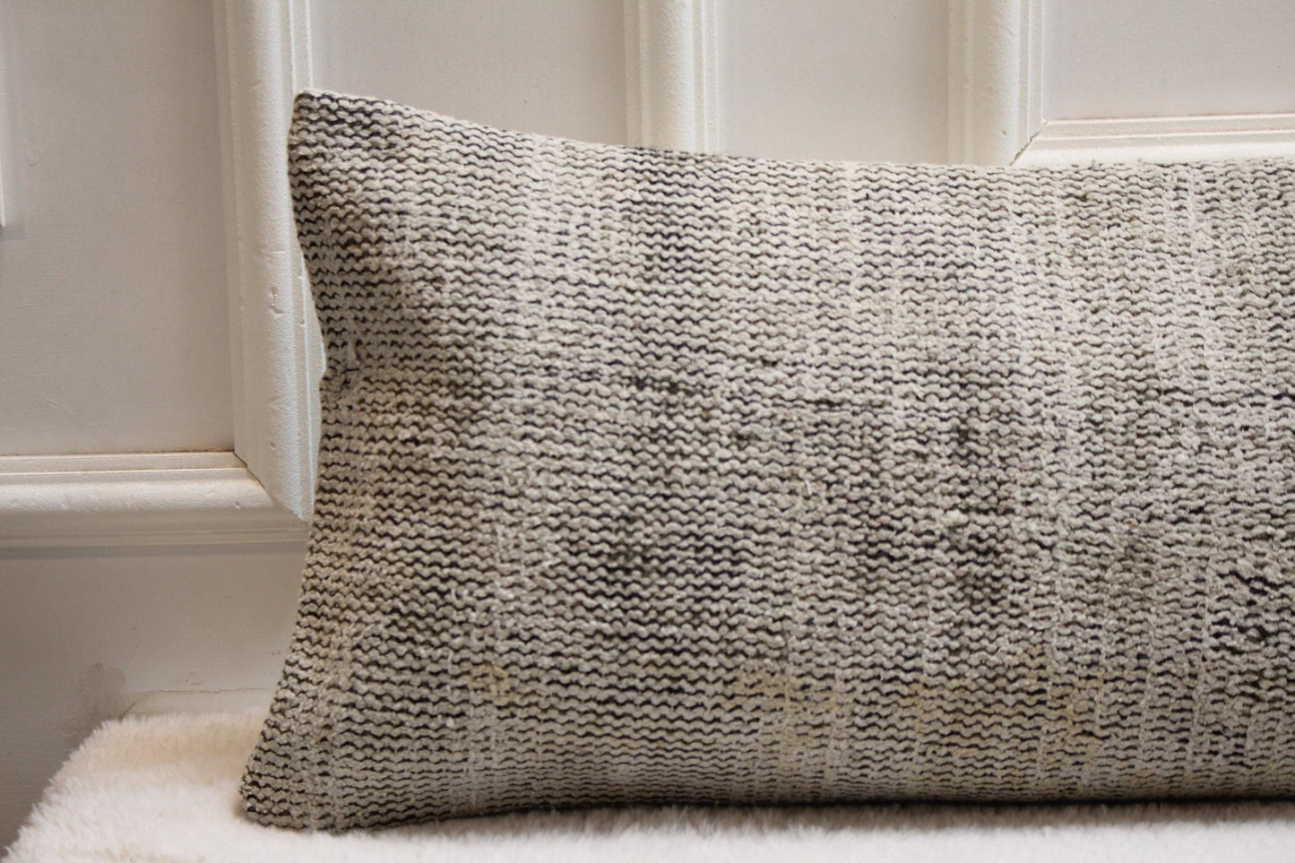 Handmade Gray Kilim Lumbar Pillow Cover, Turkish Rug Cushion 12x48