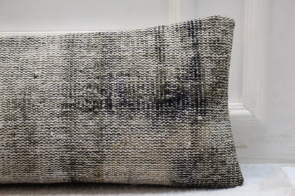 Handmade Gray Kilim Lumbar Pillow Cover, Turkish Rug Cushion 12x48
