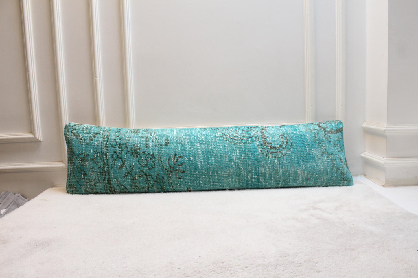 Vintage Turkish Kilim Lumbar Pillow Cover, 12x48, Blue Green Floral