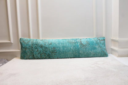 Vintage Turkish Kilim Lumbar Pillow Cover, 12x48, Blue Green Floral