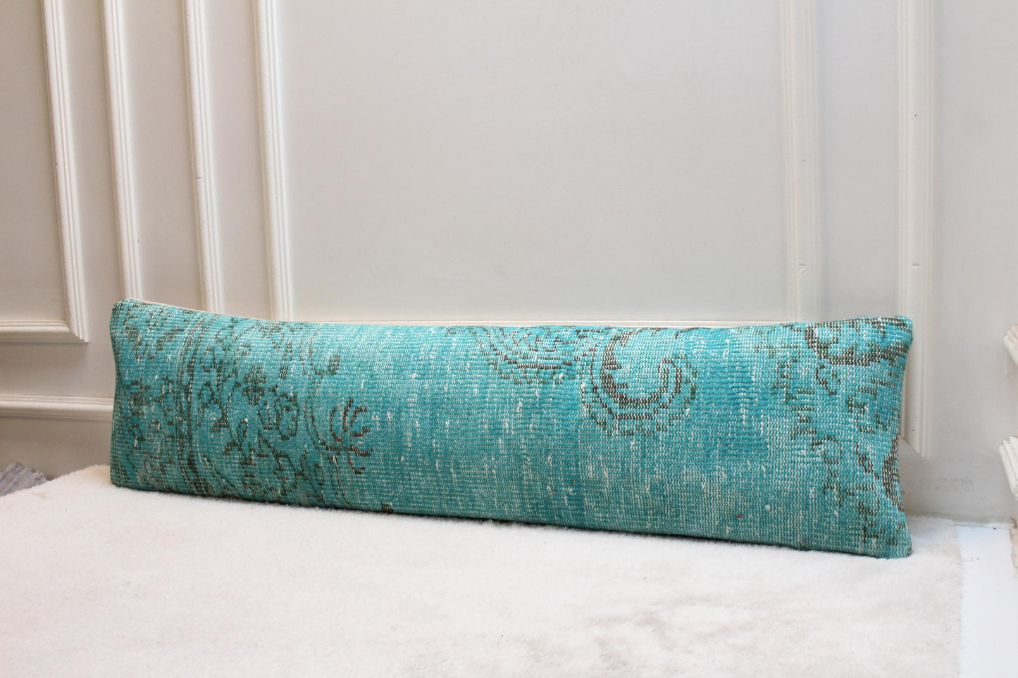 Vintage Turkish Kilim Lumbar Pillow Cover, 12x48, Blue Green Floral
