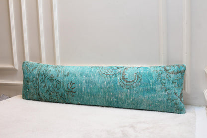 Vintage Turkish Kilim Lumbar Pillow Cover, 12x48, Blue Green Floral