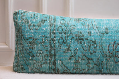 Vintage Turkish Kilim Lumbar Pillow Cover, 12x48, Blue Green Floral
