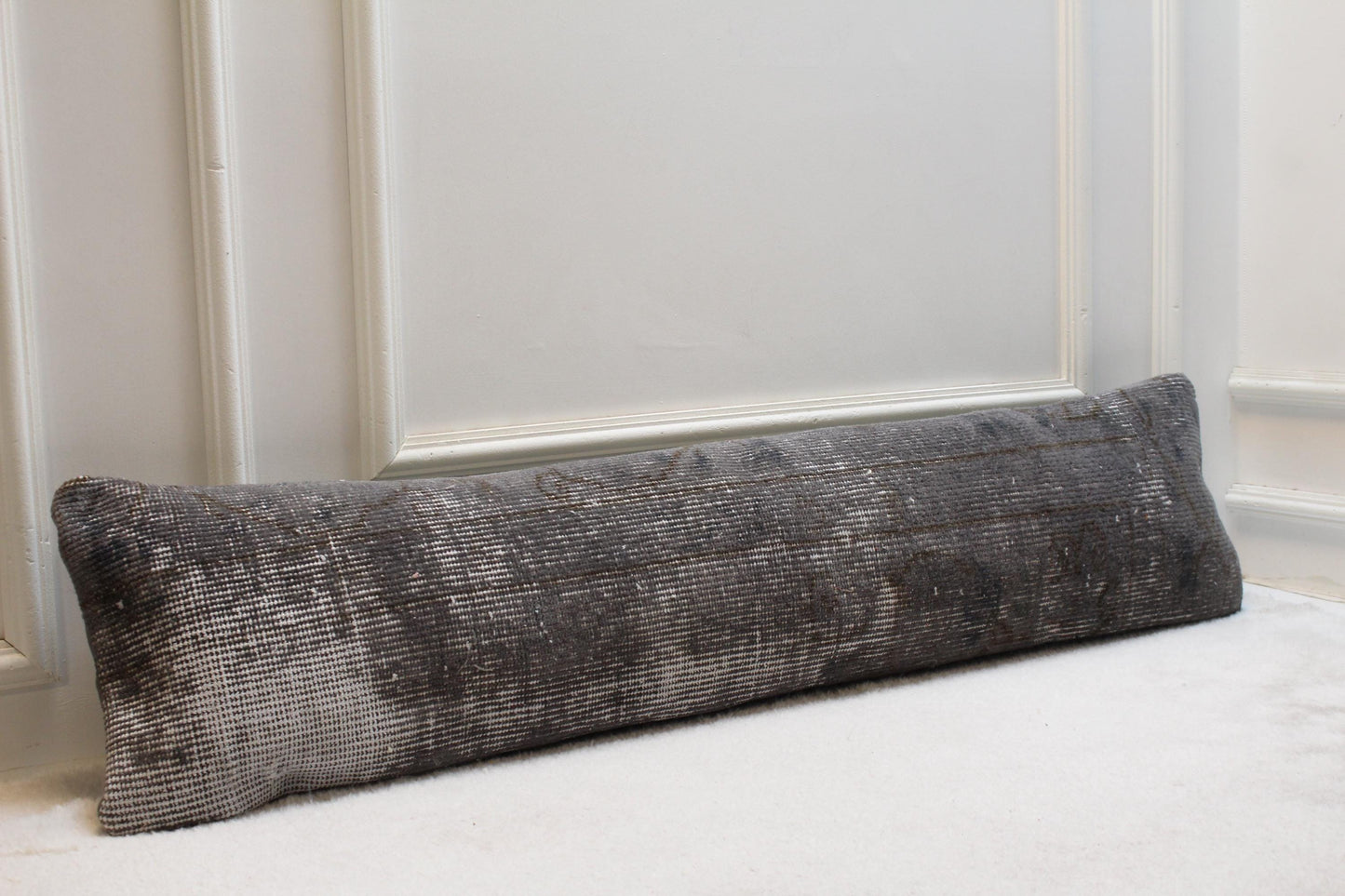 Handwoven Wool Kilim Pillow – Charcoal Turkish Lumbar Cushion, Boho Decor