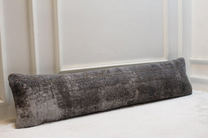 Handwoven Wool Kilim Pillow – Charcoal Turkish Lumbar Cushion, Boho Decor