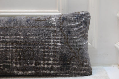 Handwoven Wool Kilim Pillow – Charcoal Turkish Lumbar Cushion, Boho Decor