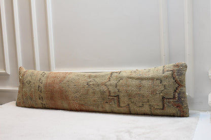 Authentic Turkish Kilim Pillow | Vintage Long Lumbar Style | Beige Boho Interior Accent
