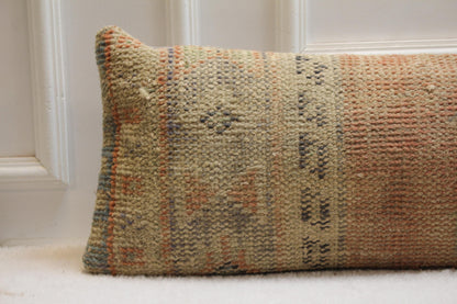 Authentic Turkish Kilim Pillow | Vintage Long Lumbar Style | Beige Boho Interior Accent