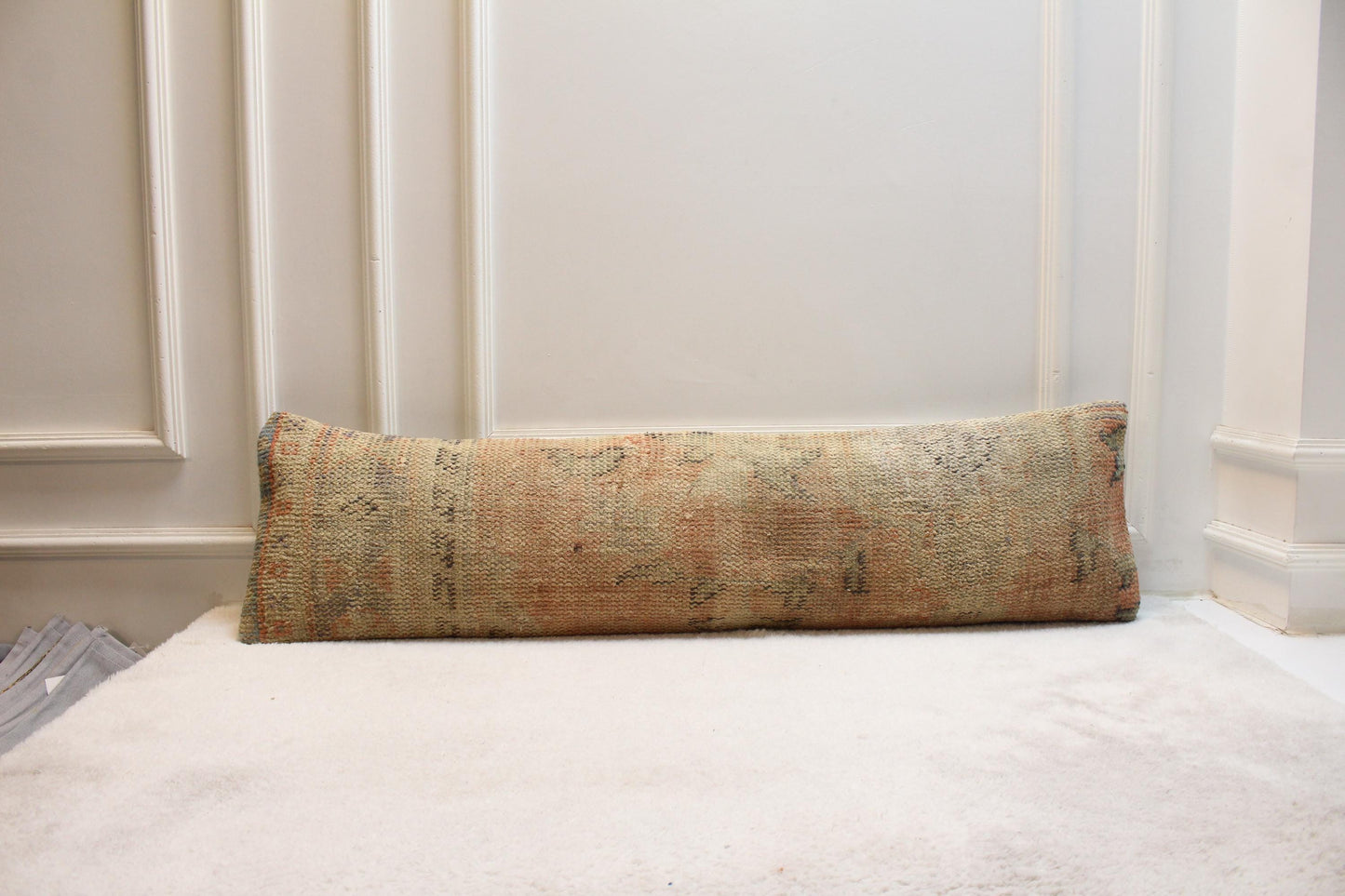 Vintage Turkish Kilim Lumbar Pillow (30x120") | Handmade Beige Cushion