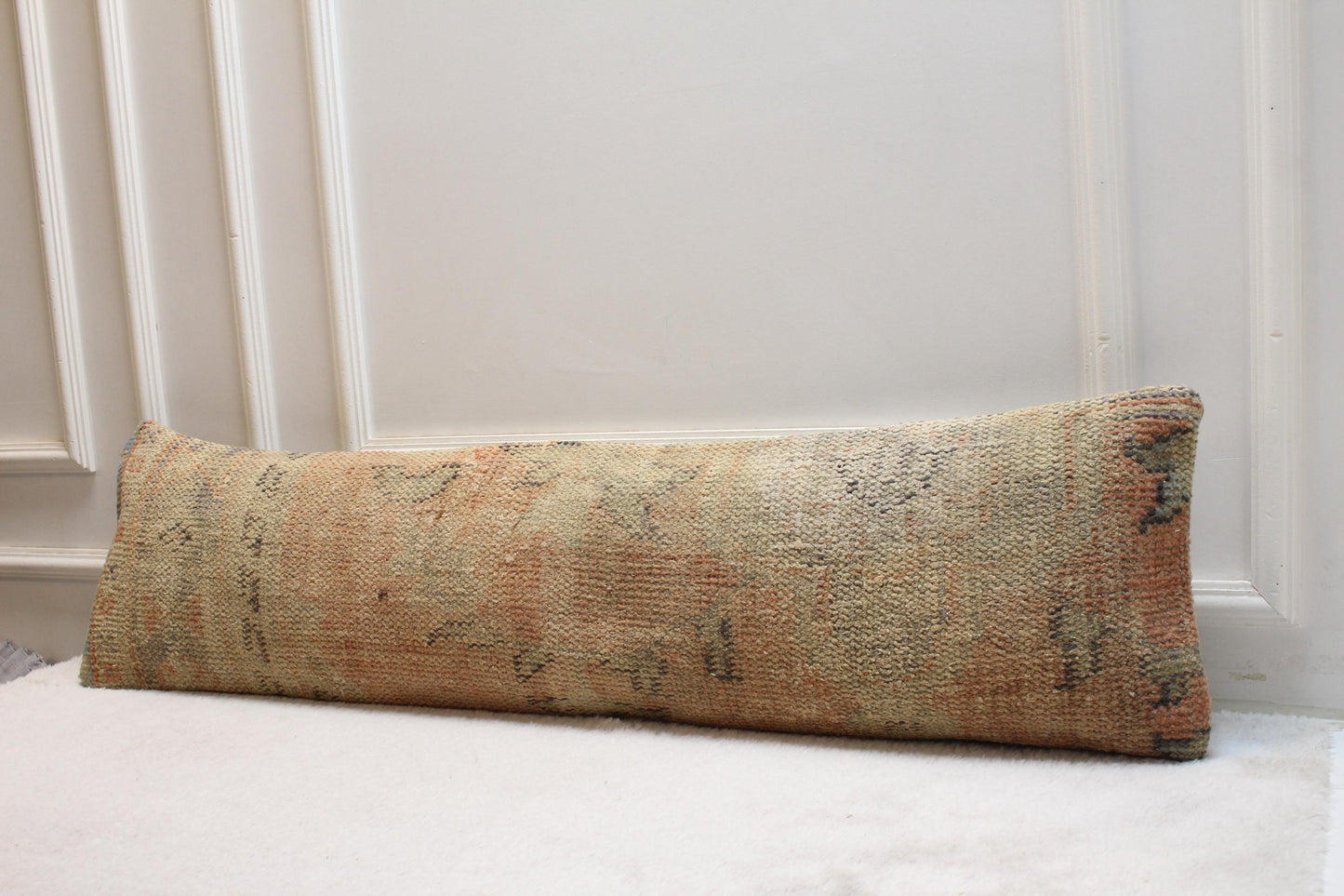 Vintage Turkish Kilim Lumbar Pillow (30x120") | Handmade Beige Cushion
