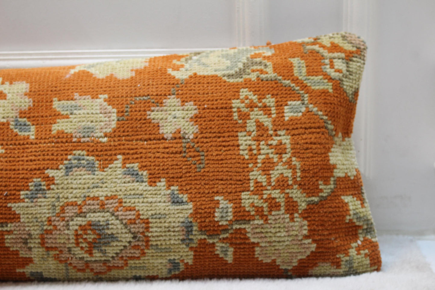 Handwoven Kilim Lumbar Pillow Cover | Turkish Orange Floral, 30x120"