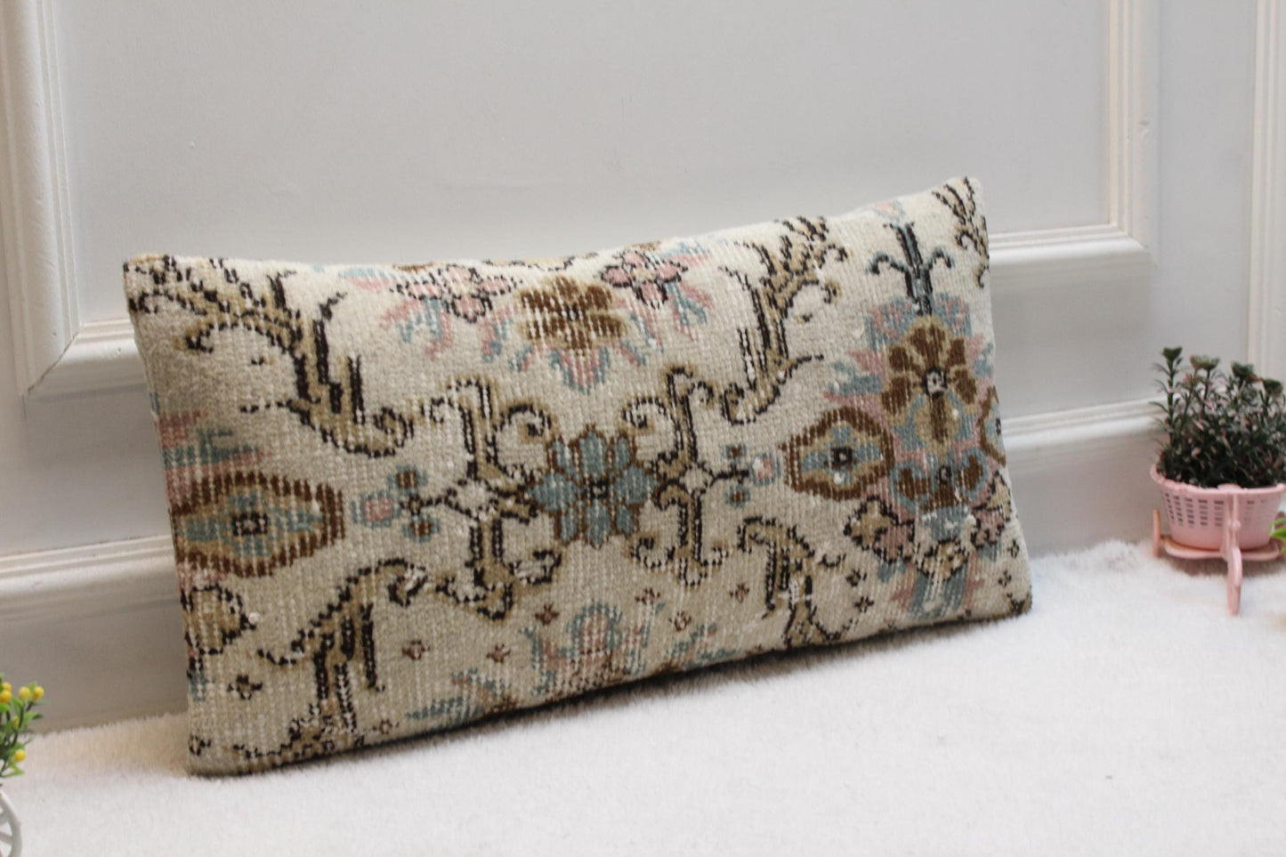 Handmade Turkish Kilim Lumbar Pillow: Soft Pastel Rustic Accent (12x24 inch)