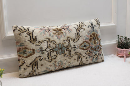 Handmade Turkish Kilim Lumbar Pillow: Soft Pastel Rustic Accent (12x24 inch)
